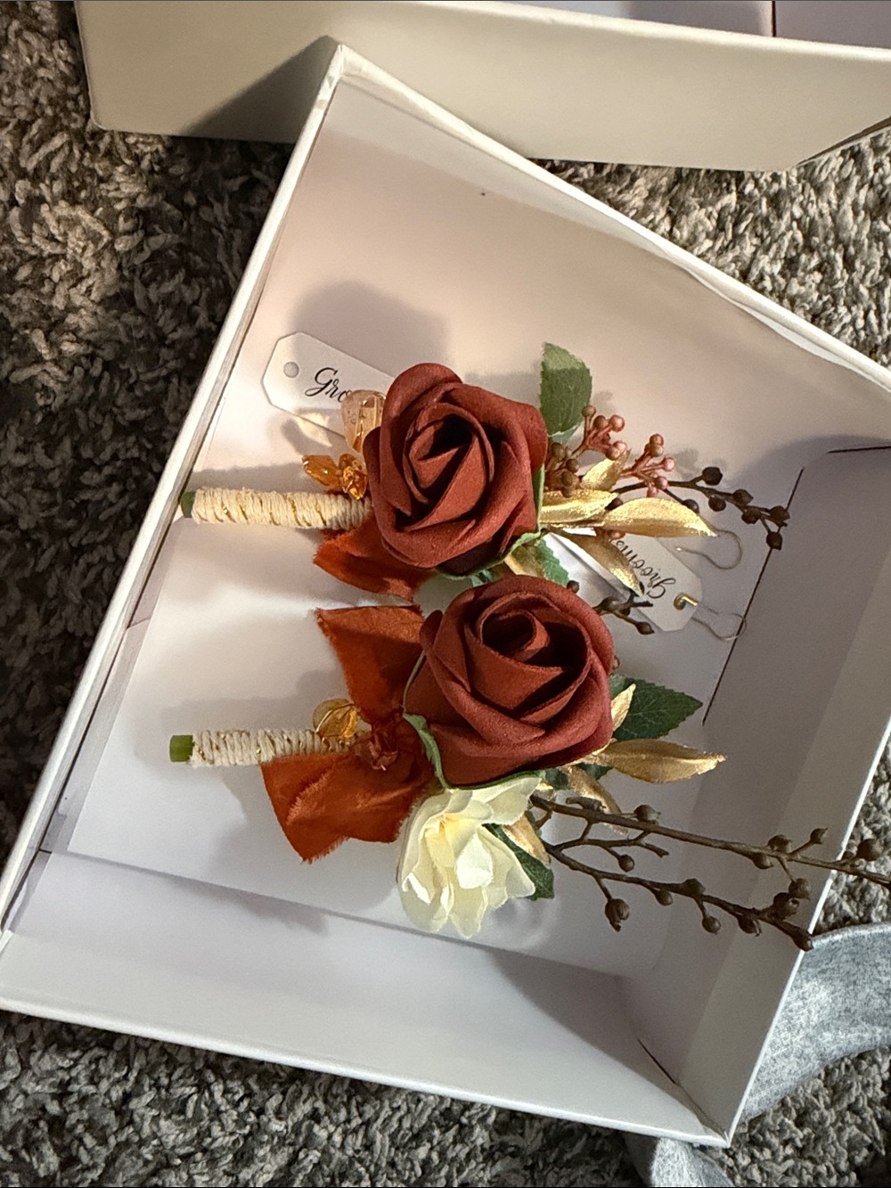 Lings Moment Rust Red Rose Boutonniere Set - 2 pieces